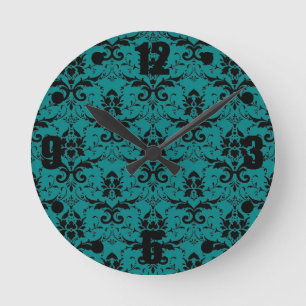 Elegant Deep Teal Black Damask Pattern Rund Klocka