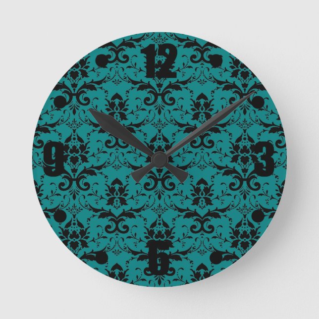 Elegant Deep Teal Black Damask Pattern Rund Klocka (Framsida)