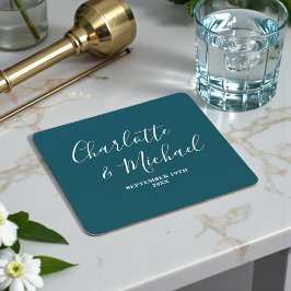 Elegant Deep Teal Script Minimalist Wedding Underlägg Papper Kvadrat
