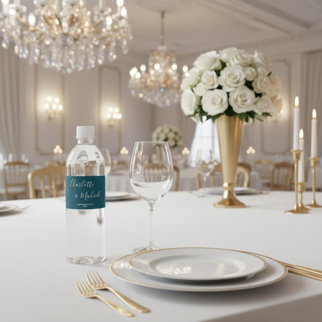 Elegant Deep Teal Script Minimalist Wedding Vattenflaskor Etikett (Skapare uppladdad)