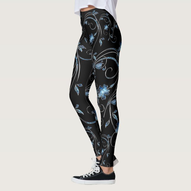 Elegant Dekorativ blå blomma Mönster Blommigt Leggings (Vänster)