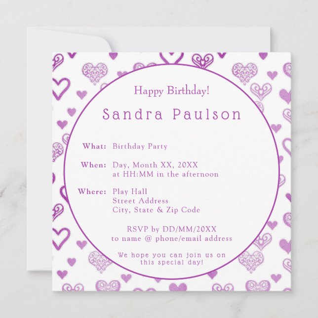 Elegant Dekorativ Lila Hearests Födelsedagsfest Inbjudningar (Framsida)