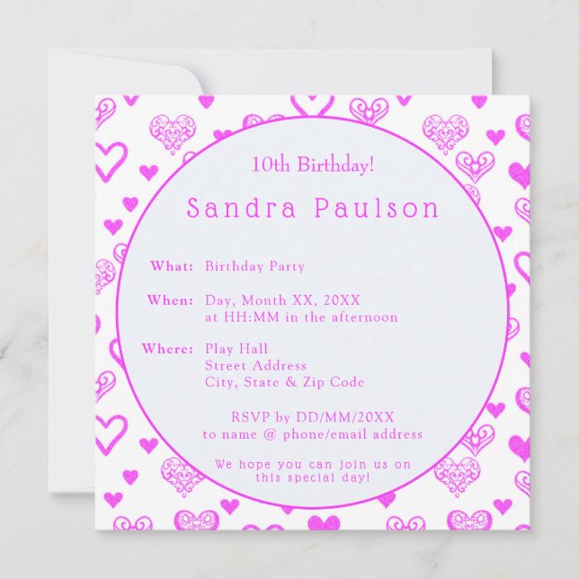 Elegant Dekorativ Rosa Hearests Födelsedagsfest Inbjudningar (Framsida)