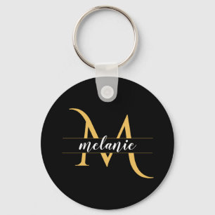 Elegant delad monogram guld svart anpassat namn   nyckelring
