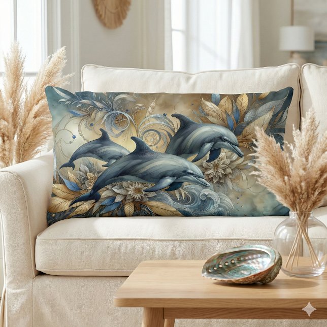 Elegant delfiner med gyllene Blommigten Vinkarare Lumbarkudde (Elegant Dolphins with Golden Floral Waves Lumbar Pillow Mockup A)