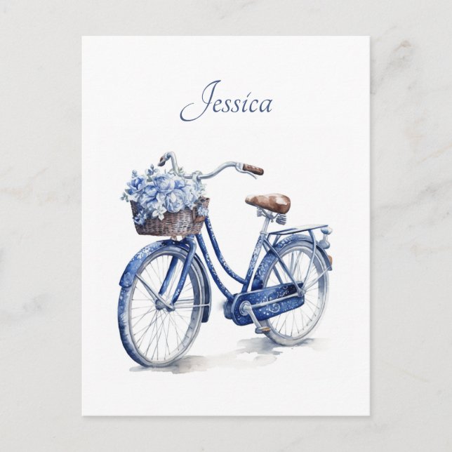 Elegant Delft Blå Blommig Cykel Personlig Vykort (Framsida)