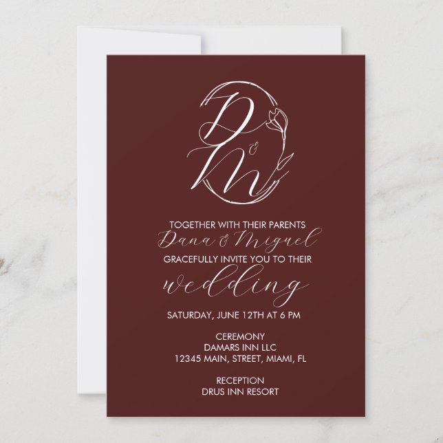 Elegant Delicate Floral Wedding Logo Deep Burgundy Inbjudningar (Framsida)