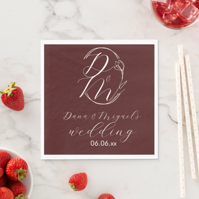 Elegant Delicate Floral Wedding Logo Deep Burgundy Pappersservett (Insitu)