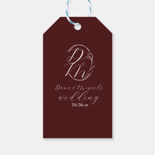 Elegant Delicate Floral Wedding Logo Deep Burgundy Presentetikett (Framsidan)