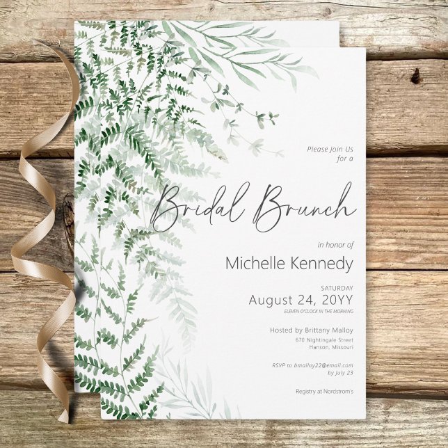 Elegant Delicate Greenery Ferns Möhippa Brunch Inbjudningar (Elegant Delicate Greenery Ferns Bridal Brunch Invitation)