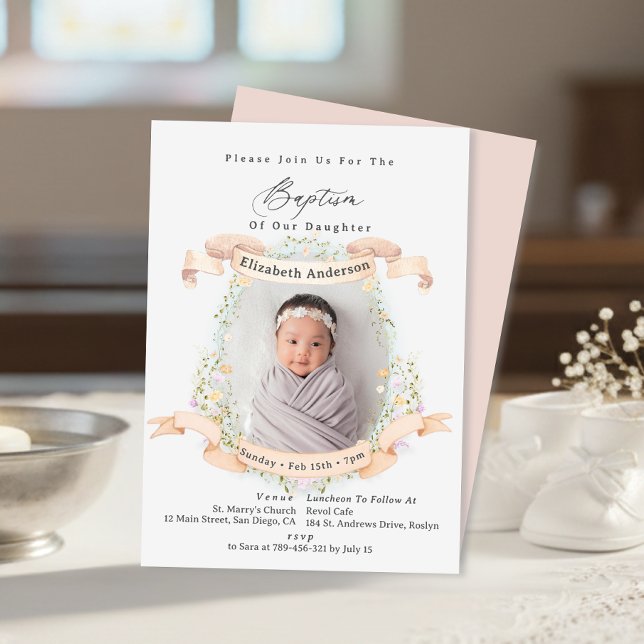 Elegant Delicate Wildflowers Baby Photo Baptism Inbjudningar (Elegant Delicate Wildflowers Baby Photo Baptism Invitation)