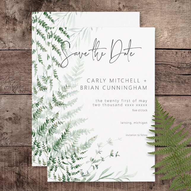Elegant Delikat Greenery Ferns Bröllop Spara Datumet (Elegant Delicate Greenery Ferns Wedding Save the Date Card)