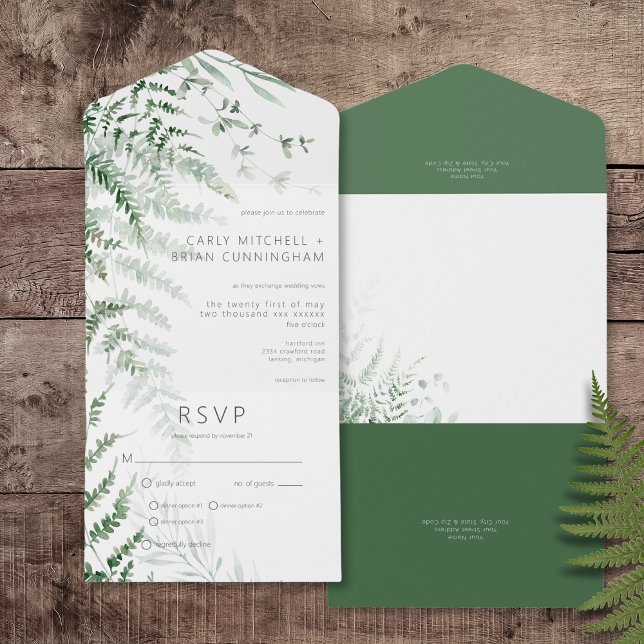 Elegant Delikat Greenery Ferns Middag (Elegant Delicate Greenery Ferns All In One Wedding Invitation with Dinner Options)