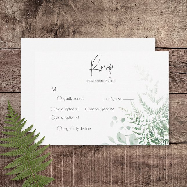 Elegant Delikat Greenery Ferns Middag OSA Kort (Elegant Delicate Greenery Ferns Wedding Response Card with Dinner Options)
