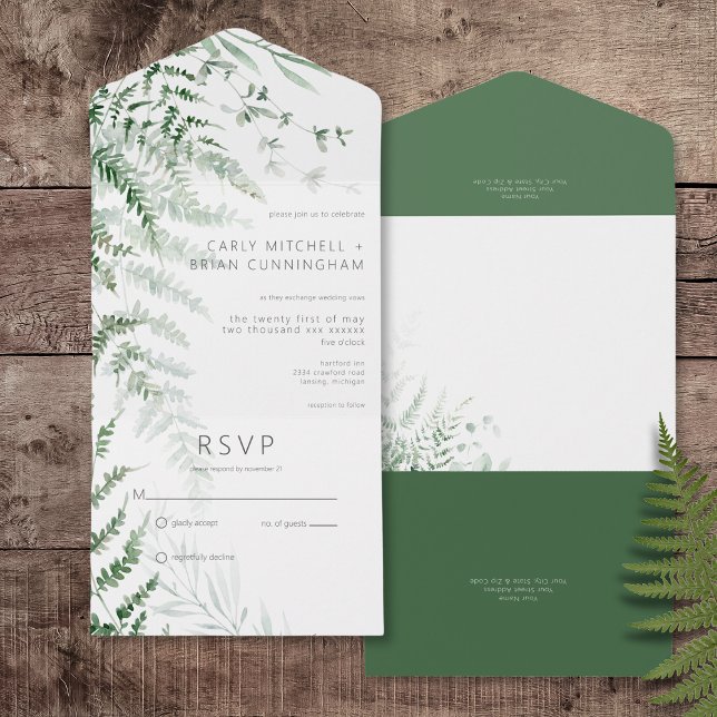 Elegant Delikat Greenery Ferns No Middag (Elegant Delicate Greenery Ferns All In One Wedding Invitation without Dinner Options)