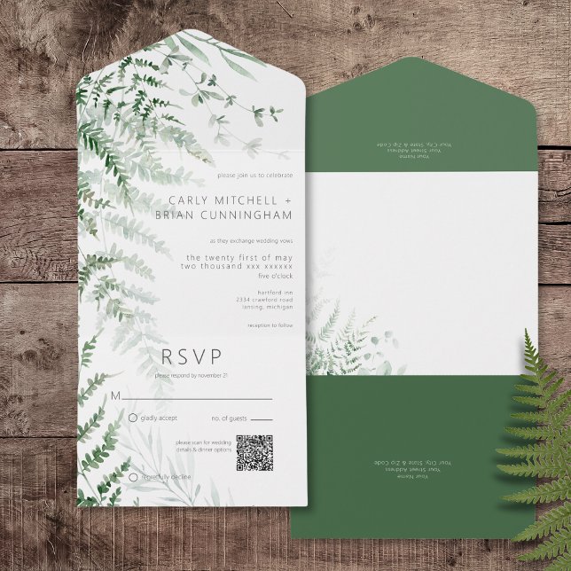 Elegant Delikat Greenery Ferns QR-kod (Elegant Delicate Greenery Ferns All In One Wedding Invitation with QR Code)