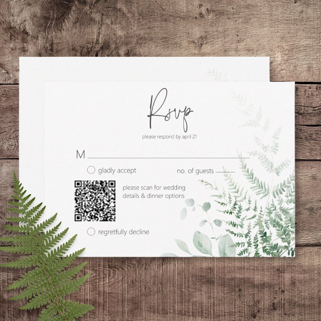 Elegant Delikat Greenery Ferns QR-kod OSA Kort (Elegant Delicate Greenery Ferns Wedding Response Card with QR Code)