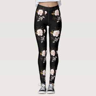 Elegant Delikat Rosa Guld Flowers Black Mönster Leggings