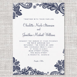 Elegant delikat spetsbröllop marinblå vit chic inbjudningar