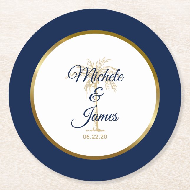 Elegant Den tropiska Bröllop vid Handflatorna Guld Underlägg Papper Rund (Framsidan)