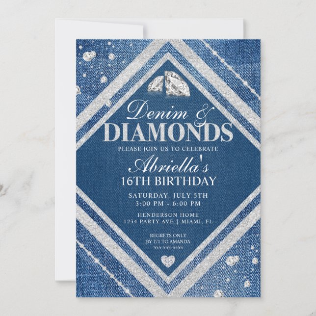 Elegant Denim och Diamonds Födelsedagsinbjudan Inbjudningar (Framsida)