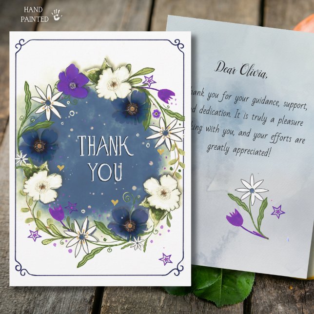 Elegant Denimblå Akvarellblomma Tack  Kort (Elegant Denim Blue Watercolor Floral Thank You Card)
