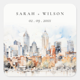 Elegant Denver Colorado Skyline Watercolor Bröllop Fyrkantigt Klistermärke