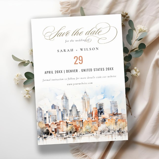 Elegant Denver Colorado Skyline Watercolor Bröllop Spara Datumet (Skapare uppladdad)