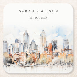 Elegant Denver Colorado Skyline Watercolor Bröllop Underlägg Papper Kvadrat