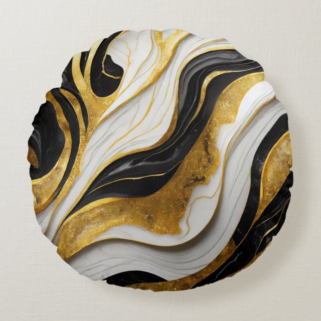 Elegant Deorative Marbleized Black Guld Pillow Rund Kudde (Framsidan)
