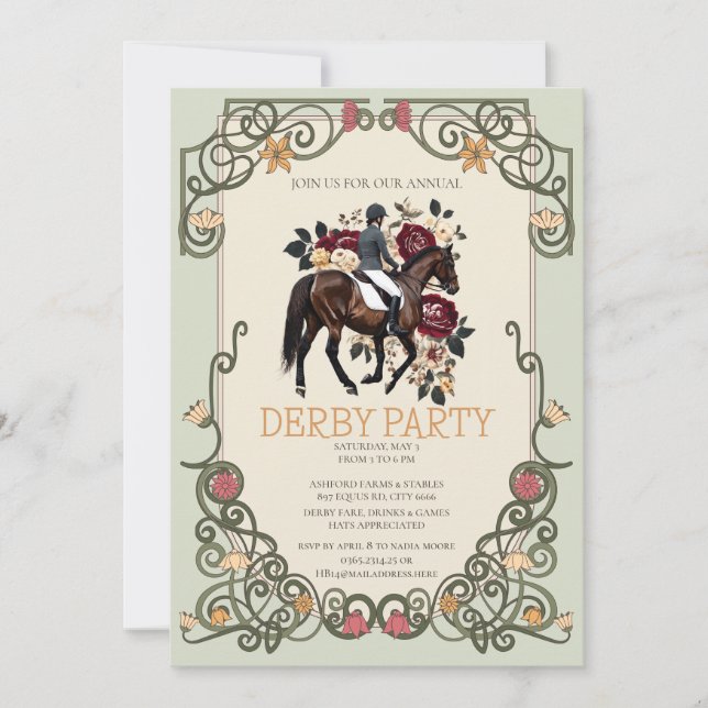 Elegant Derby-fest Invitation Häst Ridning Blommig Inbjudningar (Framsida)