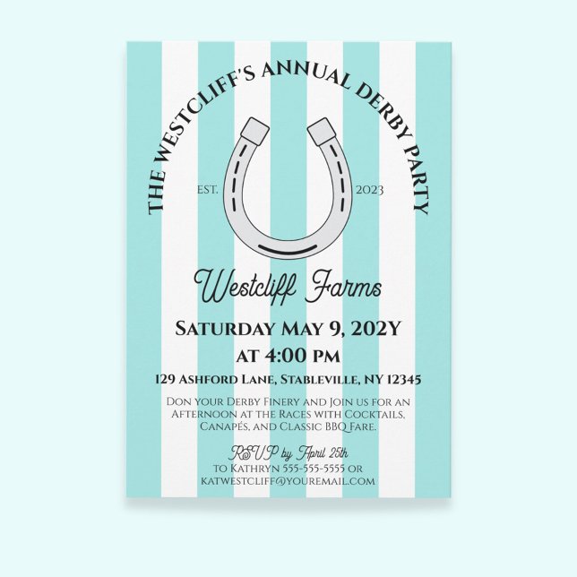 Elegant Derby Party Blue Cabana Rand Horseshoe Inbjudningar (Duck Egg Blue Cabana Stripes Horseshoe Derby Horse Racing Party Invitation)