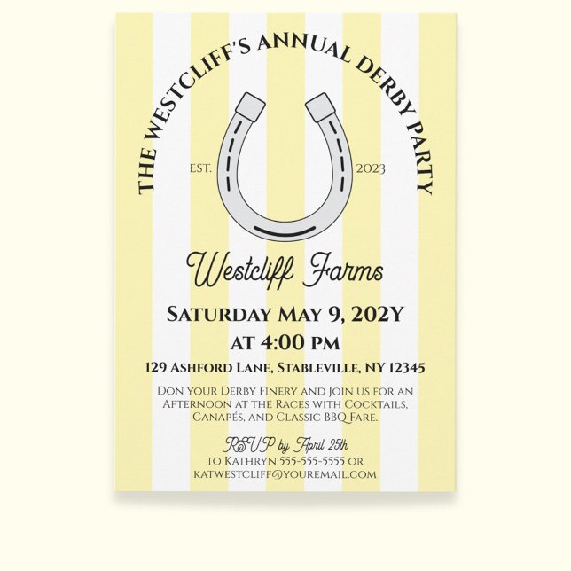 Elegant Derby Party Gult Cabana Rand Horseshoe Inbjudningar (Butter Yellow Cabana Stripes Horseshoe Derby Horse Racing Party Invitation)