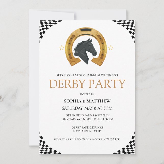 Elegant Derby Party Invitation with Gold Horseshoe Inbjudningar (Framsida)