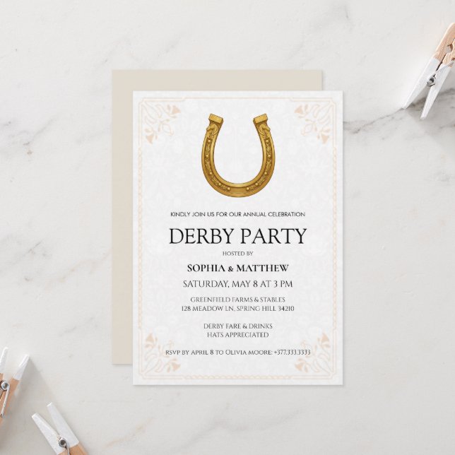Elegant Derby Party Invitation with Gold Horseshoe Inbjudningar (Fram/Back In Situ)