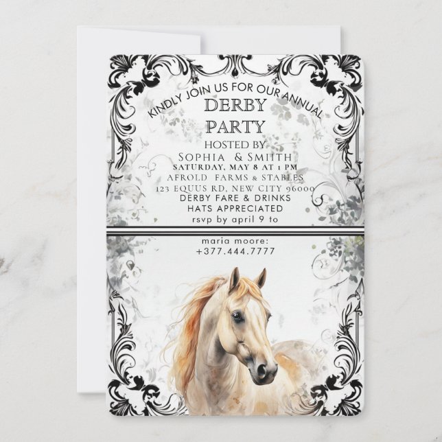 Elegant Derby Party Invitation With Horse Illustra Julkort (Framsida)