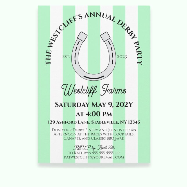 Elegant Derby Party Mint Cabana Rand Horseshoe Inbjudningar (Mint Green Cabana Stripes Horseshoe Derby Horse Racing Party Invitation)