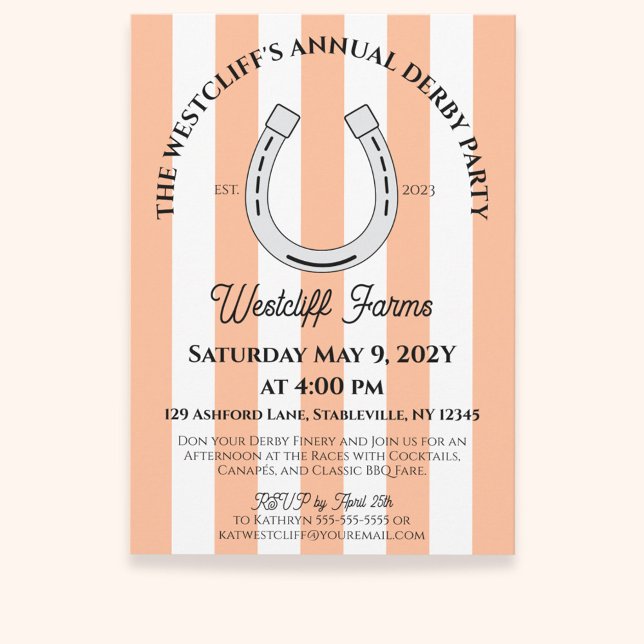 Elegant Derby Party Peach Cabana Rand Horseshoe Inbjudningar (Peach Cabana Stripes Horseshoe Derby Horse Racing Party Invitation)