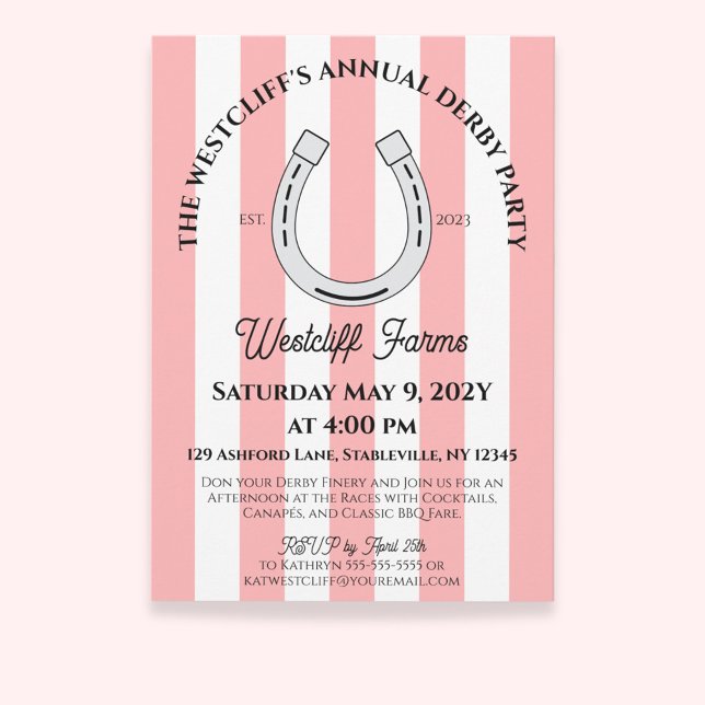Elegant Derby Party Rosa Cabana Rand Horseshoe Inbjudningar (Pink Cabana Stripes Horseshoe Derby Horse Racing Party Invitation)