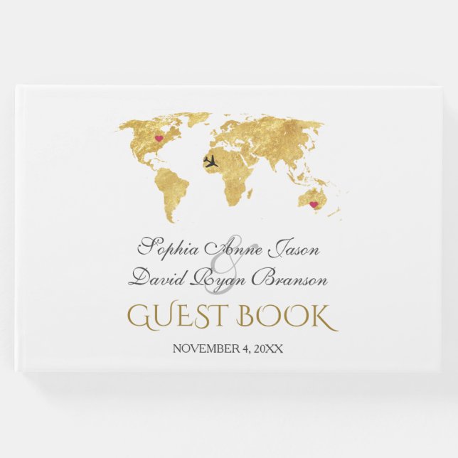 Elegant Destination Guld World Map Bröllop Gästböcker (Framsida)