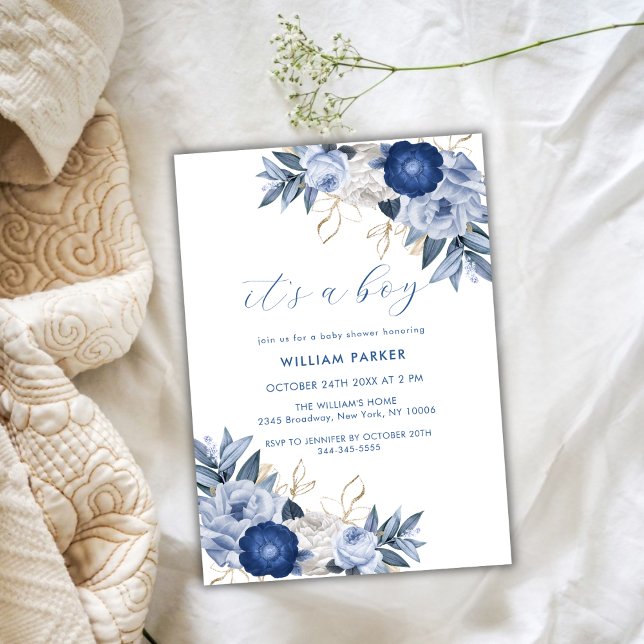 Elegant Det är en pojkblå vit Blommigt babyskö Inbjudningar (Elegant It's A Boy Blue White Floral Baby Shower Invitation)