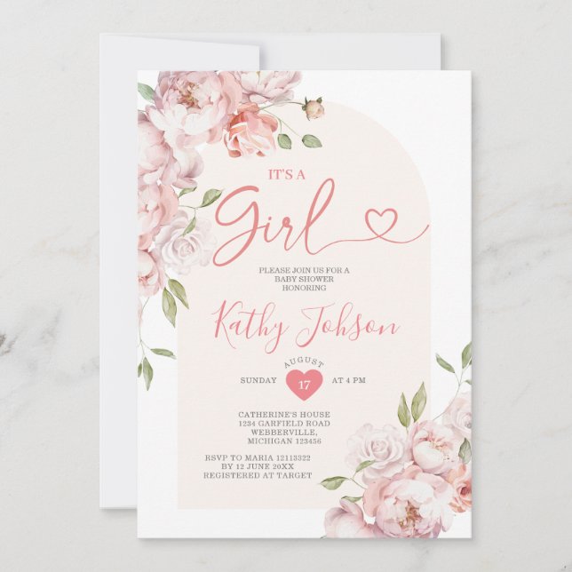 Elegant Det är Rosa Flowers Girl Baby Shower Inbjudningar (Framsida)