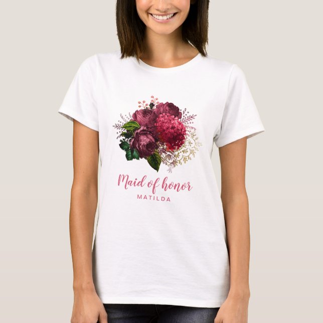 Elegant, det moderna ro guld blommigt maid of hono t shirt (Framsida)