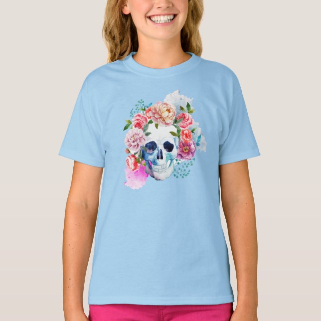 Elegant Dia de los Muertos Blommigt Skull Shirt T (Framsida)