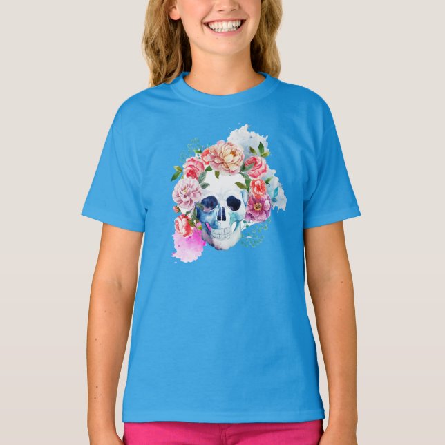 Elegant Dia de los Muertos Blommigt Skull Shirt T-shirt (Framsida)