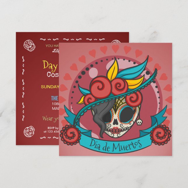 Elegant Dia de los Muertos Blommigt Skullinbjudan Inbjudningar (Fram/baksida)