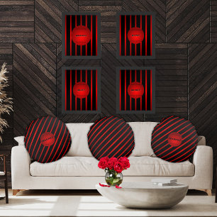 Elegant Diagonal Black Red Rand Monogram Namn Rund Kudde