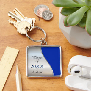 Elegant Diagonal Swirl Blue Silver Studenten Fyrkantig Silverfärgad Nyckelring