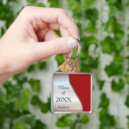 Elegant diagonal virvel Röd silver examen Fyrkantig Silverfärgad Nyckelring