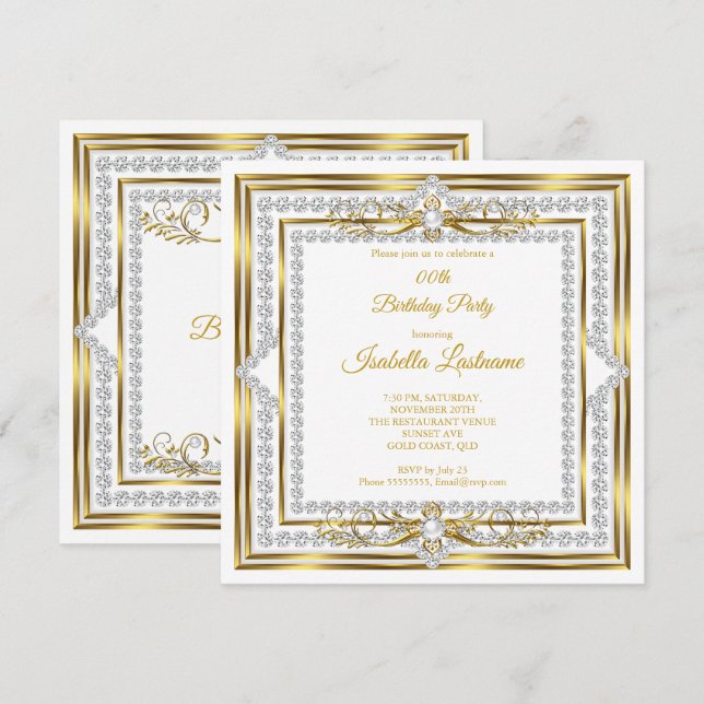 Elegant diamant guld vit pärl födelsedagsfest inbjudningar (Fram/baksida)